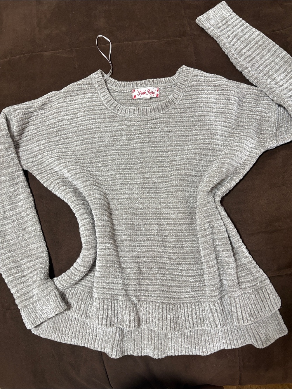 Pink Rose Heather Gray Ribbed Crew Neck Sweater